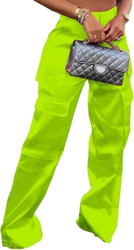 FENXIXIONE Pantalon en satin métallisé brillant pour femme - Taille haute - Pantalon cargo extra long - Plusieurs poches - Pantalon large, fluo, M