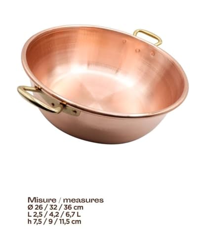 100% Made in Italy - Copper Jam Pan 10.2 x 3 Inch 2.6 Quart Handmade, Hand Hammered Pan with 2 Handles