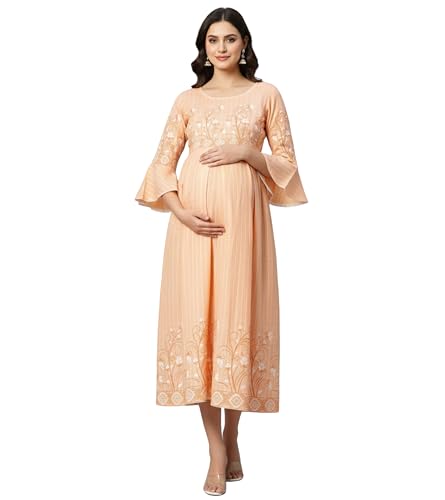 Image of DUMMY SHAPE Feeding Nighty | Maternity Dresses for Women Cotton Blend | Floral Pink Anarkali Kurta with Dual Nursing Zippers for Pregnancy & Breastfeeding | Gifts for Pregnant Women (