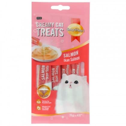 SmartHeart Creamy Cat Treats - Salmon Flavor - Collagen Care For Healthy Skin - Taurine for Beautiful Eyes - Vitamin C & E for Strong Immunity - 15g x 4 x 12 Packs - 1 Box