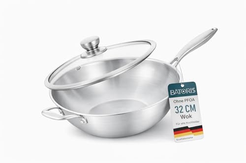 Batoris Edelstahl Wokpfanne 32 cm mit Glasdeckel Ohne Beschichtung für Induktion & Gas für alle Herdarten Wok Pfanne Groß