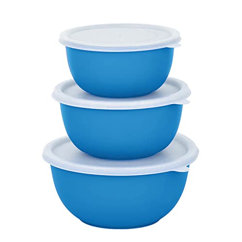 Image of Microwave Safe Stainless Steel Food Storage Container with Lid | Euro Mixing Bowl Set for Kitchen | 500ml, 800ml, 1250ml | Pack of 3 | Leak-Proof (Blue Plain 3)