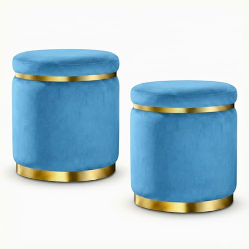 Image of Decorative Ottoman Pouffes for Sitting - Two-Piece Set of Puffy Stools and Footstools - Round Ottoman Stool for Living Room Furniture (Sky Blue)