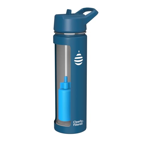 Clearly Filtered Water Bottle | Removes 220+ Contaminants, Double-Wall Insulated Stainless Steel, BPA/BPS Free, Phthalate Free, Filters Flouride Lead Chlorine (20oz, Navy Blue)