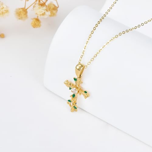 14K Gold Cross Pendant Necklace for Women Flower/Vine Cross Necklace Religious Cross Pendant Necklace Best Gifts for Mom/Wife/Love3