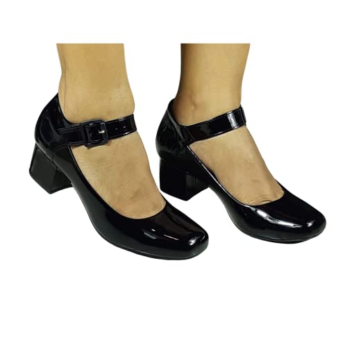 Sapato Social Boneca Confortável Salto Baixo Grosso Original Cor:Preto - Verniz;Tamanho:36