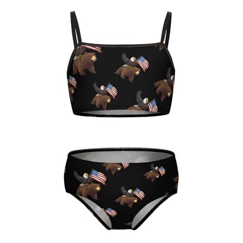 USA Bald Ea-gles Bear Girls Swimsuits Two Piece Bikini Sets Beach Sport Swimwear Bathing Suit