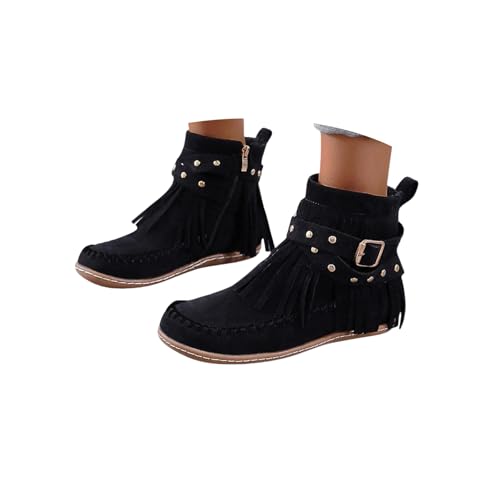 Boho Boots,Fringe Booties Women Ankle Boots,Vintage Casual Tassel Fringe Suede Wide Round Toe Ankle Booties,Winter Warm Fashionable Western Outdoor Short Boot with Zipper