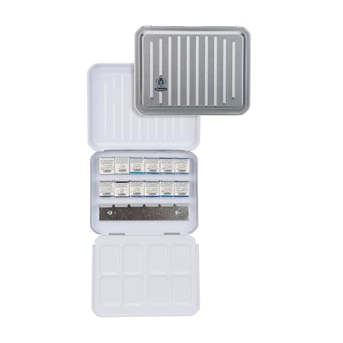 Schmincke – HORADAM® AQUARELL, Seascape Set, 74 854 097, eleganter Aluminiumkasten, 12 feinste Aquarellfarben in Blautönen, halbe Näpfchen, Wasser und Himmel, Sonderton Eisblau