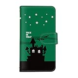 スマ通 iPhone 12 Pro Max 対応 ケース 手帳 ケータイ ケース カードポケット＆鏡 付き ハロウィン お化け屋敷 シルエット スタンド機能 ストラップ穴 耐衝撃 カッコイイ (3-グリーン) q0004-x0050_2L