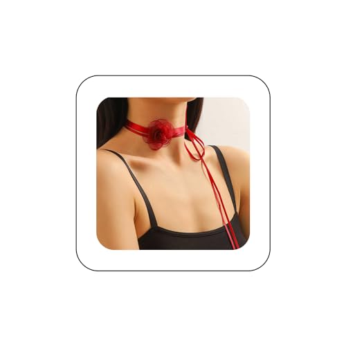 Collier ras du cou dentelle avec fleur de camélia et long ruban gothique