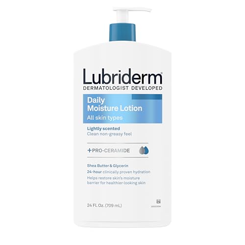 Lubriderm Daily Moisture Body Lotion + Pro-Ceramide, Body Lotion for Dry Skin, Shea Butter, Glycerin, Lightly Scented Hand Lotion, Non-Greasy 24-Hour Moisturizer, Paraben & Dye Free, 24 Fl Oz