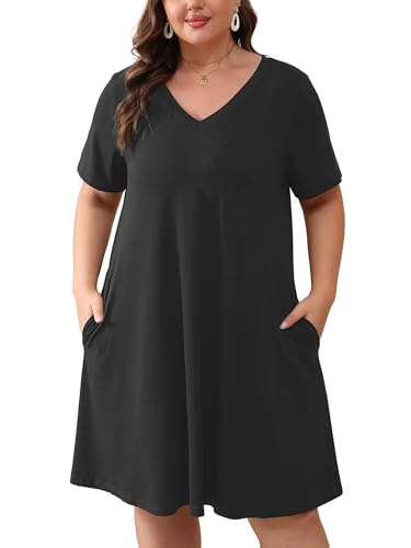 Image of AusLook Plus Size Midi Dress for Women Loose V Neck Short Sleeve Summer Casual A Line T Shirt Sundresses with Pockets 1X-5X
