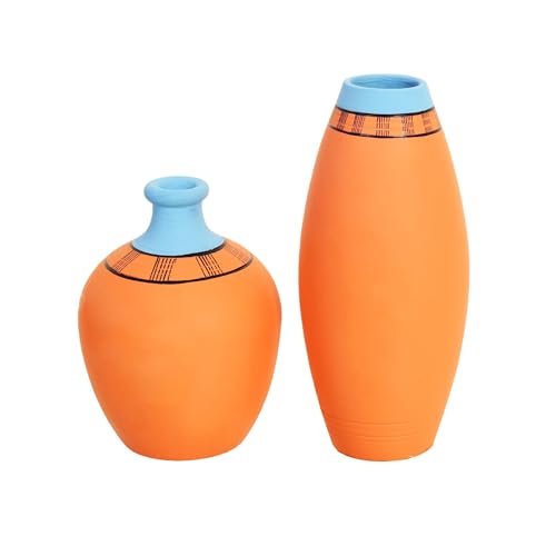 Image of Aakriti Art Creations Desert Safari Terracotta Vase Set of 2 | Handcrafted Warli Art Decorative Flower Vases | Matte Finish Orange Tribal Vase Set for Living Room Table Decor & Housewarming Gift