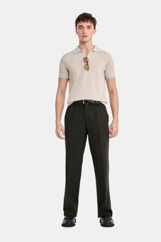 Image of SNITCH Men Trousers Casual Wear | Baggy Fit Wide-Leg Pleated Front Solid Pattern | Polyester Viscose Elastane Blend, Mid Rise, Full Length Office Wear