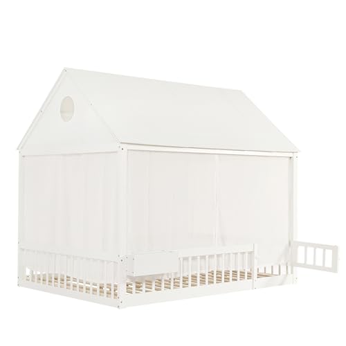 Cama infantil 140 x 200 individual de madera con compartimento y cortina 8