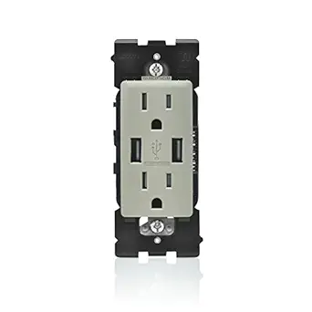 Leviton Renu USB Charger/Tamper-Resistant Duplex Outlet, 15A-125VAC, RUAA1-WS, Wood Smoke