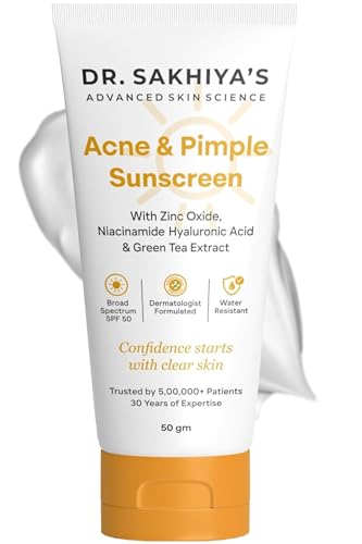 Image of Dr. Sakhiya's Acne & Pimple Sunscreen SPF 50 (50gm) for Oily & Acne-Prone Skin | Zinc Oxide + Niacinamide + Hyaluronic Acid | Oil-Free, No White Cast, Water Resistant | Dermatologist Tested