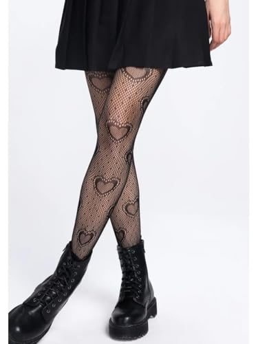 Black Fishnet Tights for Women – Sexy High Waist Heart Patterned Pantyhose | Gothic Mesh Stockings for Cosplay, Clubwear, Parties, Festivals, Plus Size & One Size Options Available2