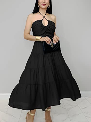 DEEP SELF Women's Summer Halter Smocked Midi Dress Sleevelesss V Neck Ruffle Tiered Swing Flowy A Line Beach Sundress3