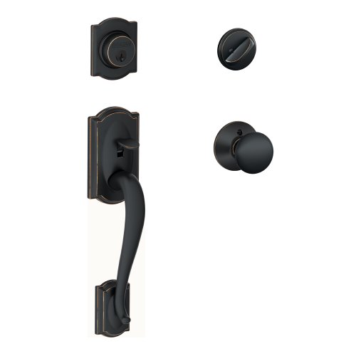Image of SCHLAGE Camelot Single Cylinder Handleset and Plymouth Knob, Aged Bronze (F60 CAM 716 PLY)