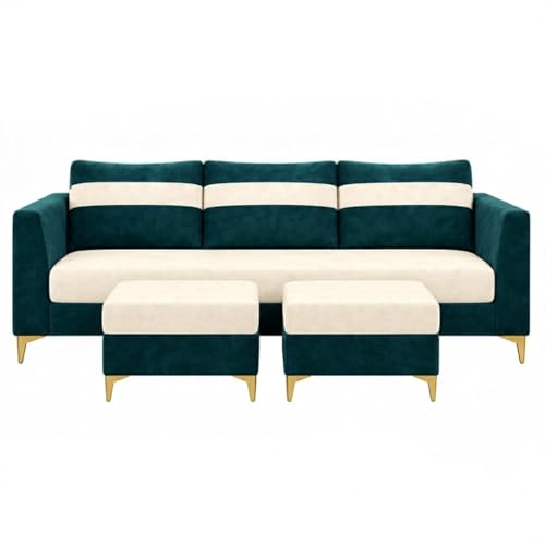 Image of FURNY Nova 5 Seater L Shape Sofa Set with 2 Movable Ottoman | Flexible Left or Right Layout | Plush Velvet Fabric (Greenish Teal-Cream) | Perfect for Living Room, Guest Room & Office