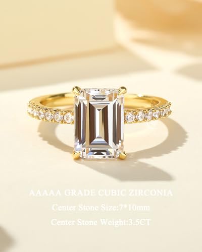 3.5CT Elongated Emerald Cut Engagement Rings for Women, 925 Sterling Silver 18K Yellow Gold Plated Ring, Simulated Diamond Promise Ring2