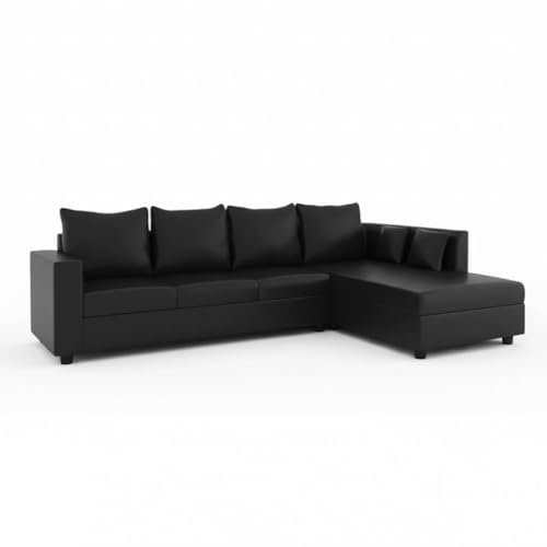 Image of FURNY Harloy 5 Seater RHS L Shape Leatherette Sofa Set (Black) in Premium Finish | Durable Comfort | Ideal for Living Room