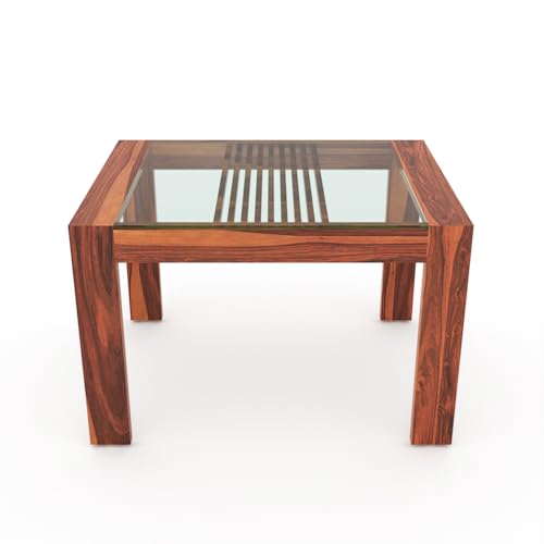 Image of Solid Sheesham Wood Dining Glass Top Table Set of 4| Wooden 4 Seater Dining Table with 4 Chairs with Cushion|Wood Dining Table & Chairs for Home, Restaurant, Dining Room |Honey Finish