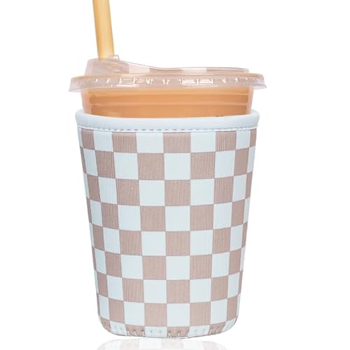 Image of Reusable Insulated Sleeve for Iced Coffee Cup, Coffee Neoprene Sleeve for Cold & Hot Drinks, Beverage Holder for Iced Coffee (Classic Checker, Small: 16-18oz)