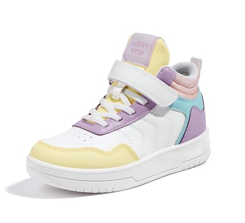 LUCKY STEP Kids High Top Sneakers Fashion Basketball Tennis Shoes Skyhigh Running Sports Ankle Boots Hook and Loop Casual Walking Shoe for Boys Girls(Purple Multi,Little Kid 13)