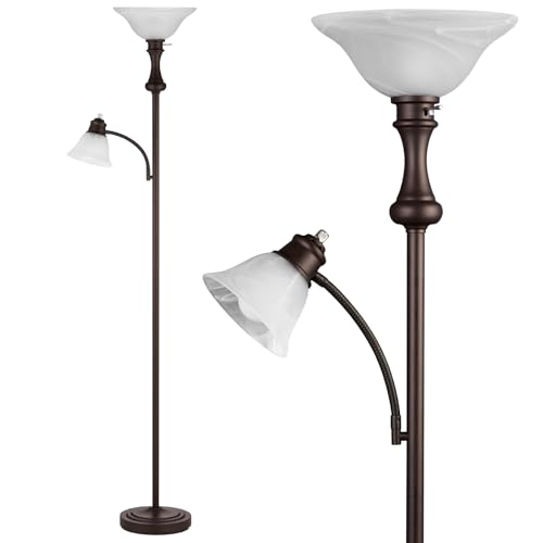 Image of Torchiere Floor Lamp, Adjustable Angle Reading Lamp-Red Brown 71IN | Standing Lamp for Bedroom with Glass Shade, Tall Floor Lamp for Living Room Decor, Office, Corner, Knob Switch, Bulb Included