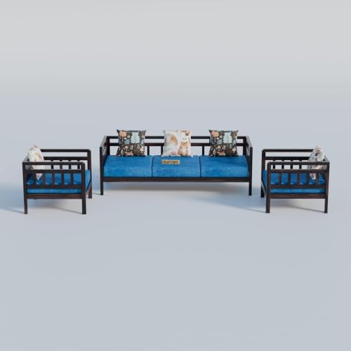 Image of Solid Sheesham Wood 5 Seater Sofa Set Without Centre Table for Living Room | Wooden 3+1+1 Five Seater Sofa Set with 5 Cushions | Modern Sofa Set for Home, Office & Lounge| Blue, Walnut Finish