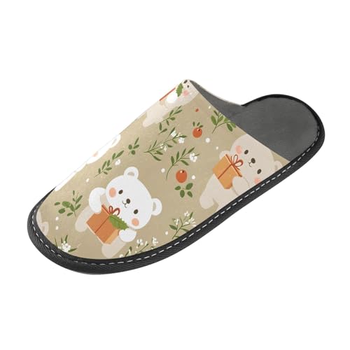 Bear Present with Flower Fuzzy Slippers Soft Home Bedroom Slippers for Women Men House Shoes