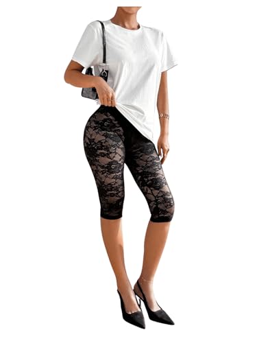 RoseSeek Women's Lace See Through Capri Pants Elastic High Waisted Skinny Leggings Cropped Trousers Black Large