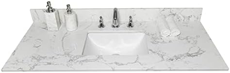 43 Inch Marble Vanity Top with Undermounted Rectangular Ceramic Sink & Backsplash, White Carrara Engineered Stone Countertop for Bathroom Kitchen Cabinet 3 Faucet Hole (not Include Cabinet)