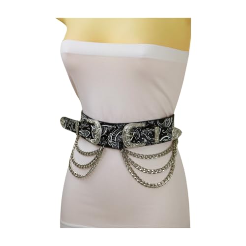 Women Western Fashion Wide Paisley Belt Black Faux Leather Silver Double Buckles Chain S Mz2194
