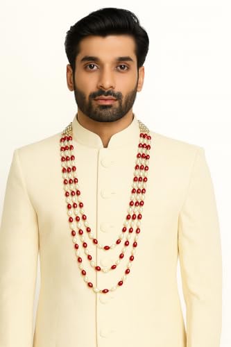 Image of I Jewels 3 Layered Traditional Gold Plated Dulha Green Moti Mala with Beaded Maharaja Haar /Groom Necklace For Men(MLP46)