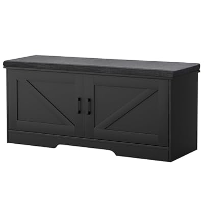 HOMSHO 2-Tier Storage Bench, 39.4" Wide Shoe Bench with Padded Seat Cushion, Entryway Bench with 2 Barn Doors and Adjustable Shelf, Black