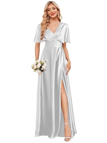 Short Sleeve Bridesmaid Dresses for Women Long Pleated Satin Formal Dress Evening Gown with Slit