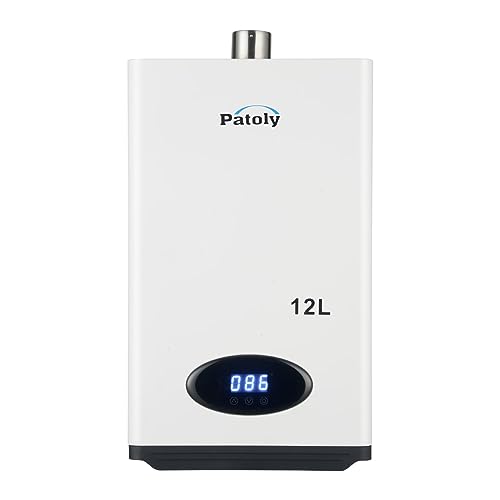 Patoly Tankless Water Heater, 12L 3.18 GPM Instant Hot Water Heater Natural Gas with Constant Temperature, Luxury Style,Gas Tankless Water Heater with Display for Shower, Indoor - White