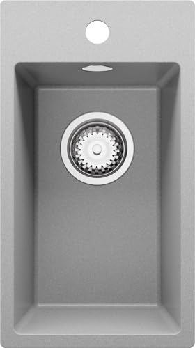 PRIMAGRAN Lavello da Cucina Grigio 28x50cm, Lavandino in Granito a 1 vasca + Sifone Classico, Lavabo Incasso al mobile 30cm - Riga S056