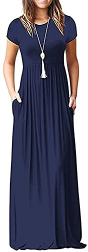 DEARCASE Damen Kurzarm Kleid Loose Freizeitkleid Maxi Sommerkleid Lässige Blumen Lange Strandkleid mit Taschen Cover
