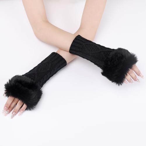 CABODYALS 2 Paar Schwarze Fingerlose Handschuhe Aus Fell Flauschige Handschuhe Weiche Armstulpen Aus Strick Daumenloch Handschuhe Mit Kunstfell Gestrickte Handgelenkwärmer Fäustlinge Für Damen Tippen