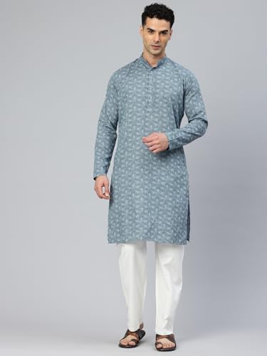 Majestic Man Men's Cotton Regular Fit Casual Mandarin Collar Ethnic Motifs Printed Long Regular Kurta