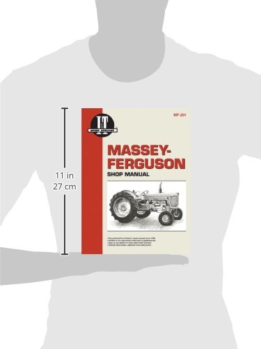 A hand holding the Massey Ferguson Shop Manual MF-201, showing its physical dimensions of 11 inches (27 cm) in height.