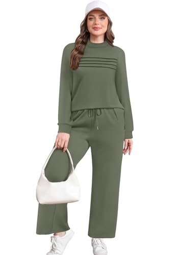 Image of WIHOLL Two Piece Sets for Women Fall Travel Vacation Outfits 2026 Long Sleeve Lounge Sets Side Slit Wide Leg Pants XS-3XL