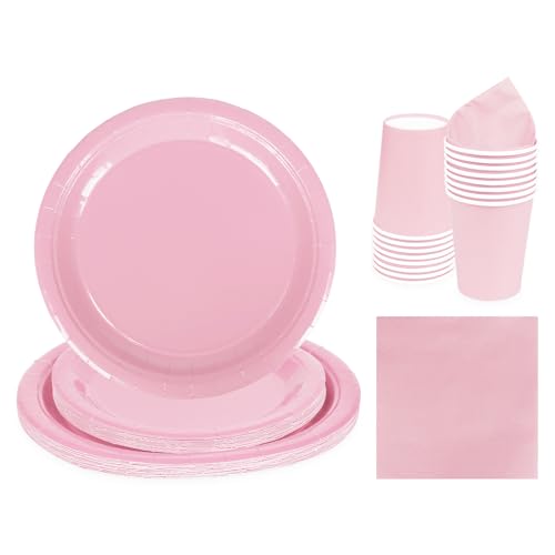 68pcs Pink Tableware Set Decor, Pastel Pink Paper Napkins Cups 7inch & 9inch Paper Plates in Solid Color, Disposable Birthday Decorations for Him Her Men Women Kids Boys Girls Birthday Wedding Party