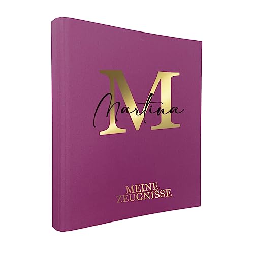 AWASG Zeugnismappe Kinder mit Namen personalisiert | Dokumentenmappe Buchstabe Initiale für Mädchen Jungen | Zeugnisordner Leinen zum Einsortieren von Urkunden (Beere)