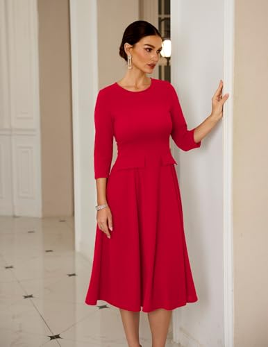 DRESSTELLS Formal Wedding Guest Dresses for Women 2026 Cocktail Party Fit Flare Modest Church Aline Fancy Midi Evening Dress Red XL — view 4